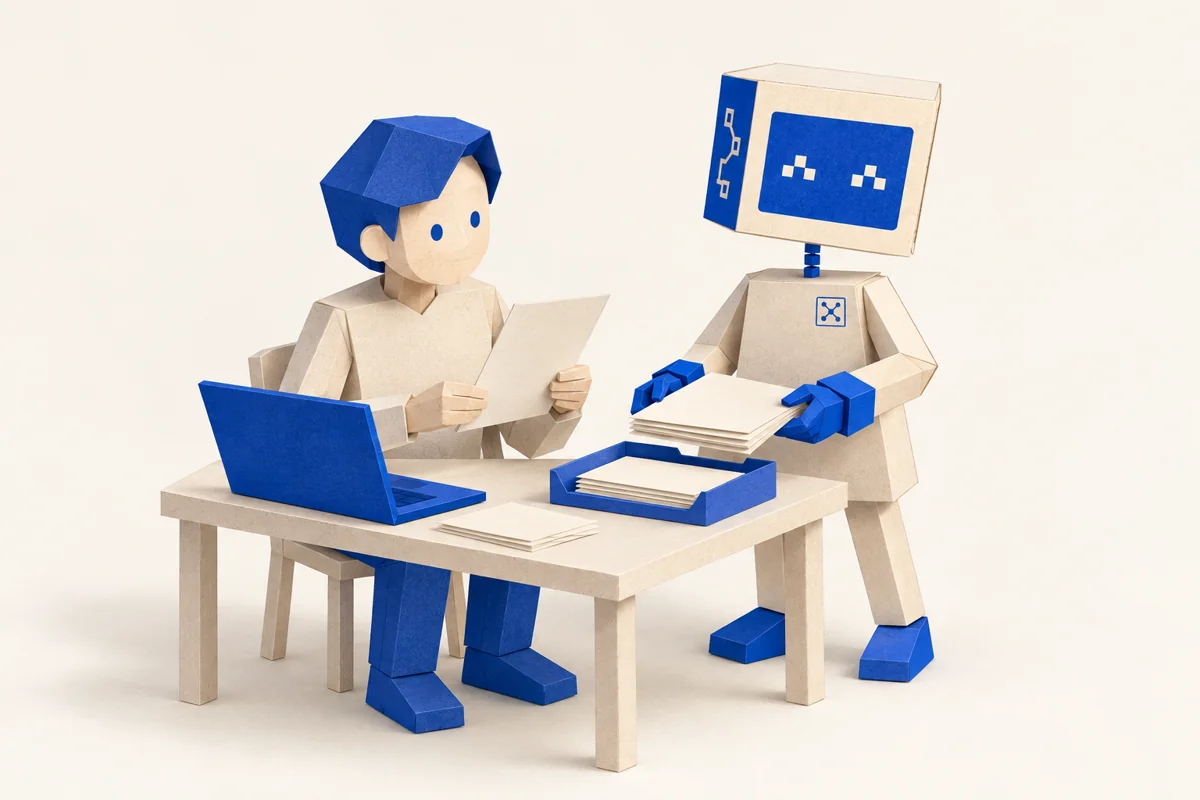 人が書類を確認し、AIキャラクターが整理を手伝うイラスト