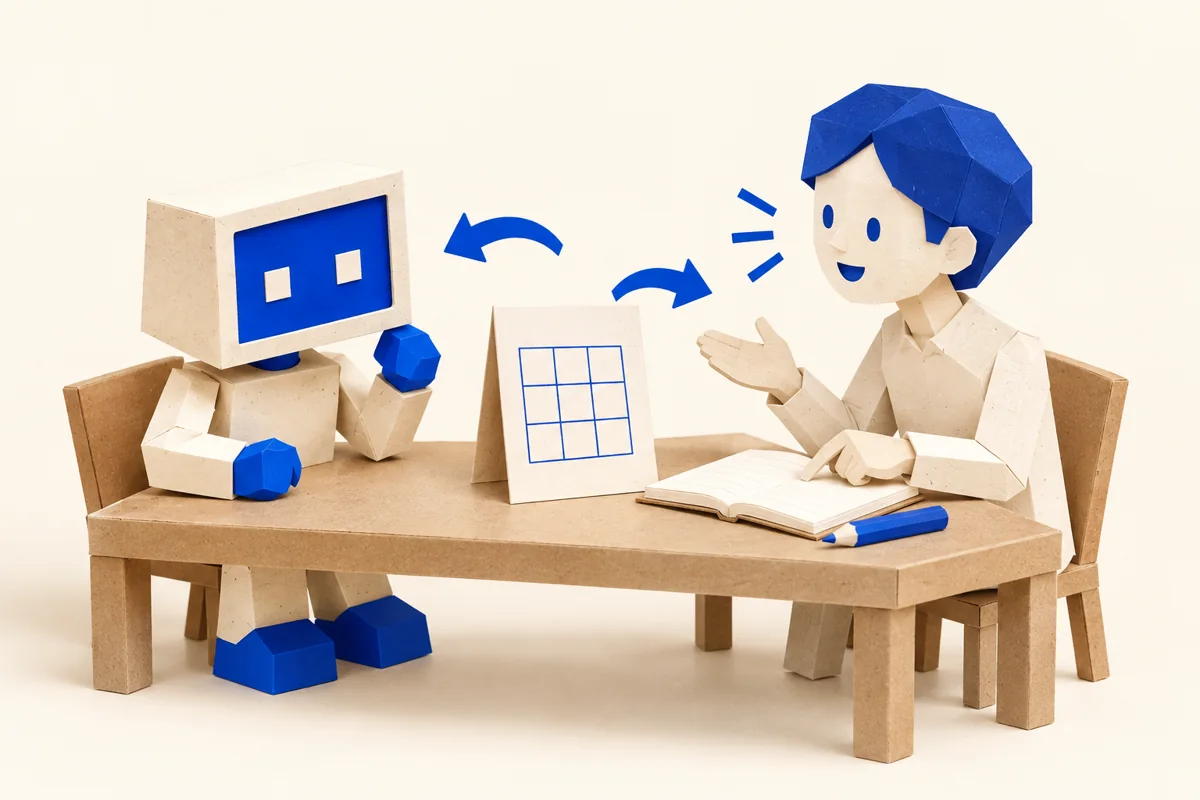 学ぶ人がAIマスコットへ自分の考えを説明し返す紙細工のイラスト