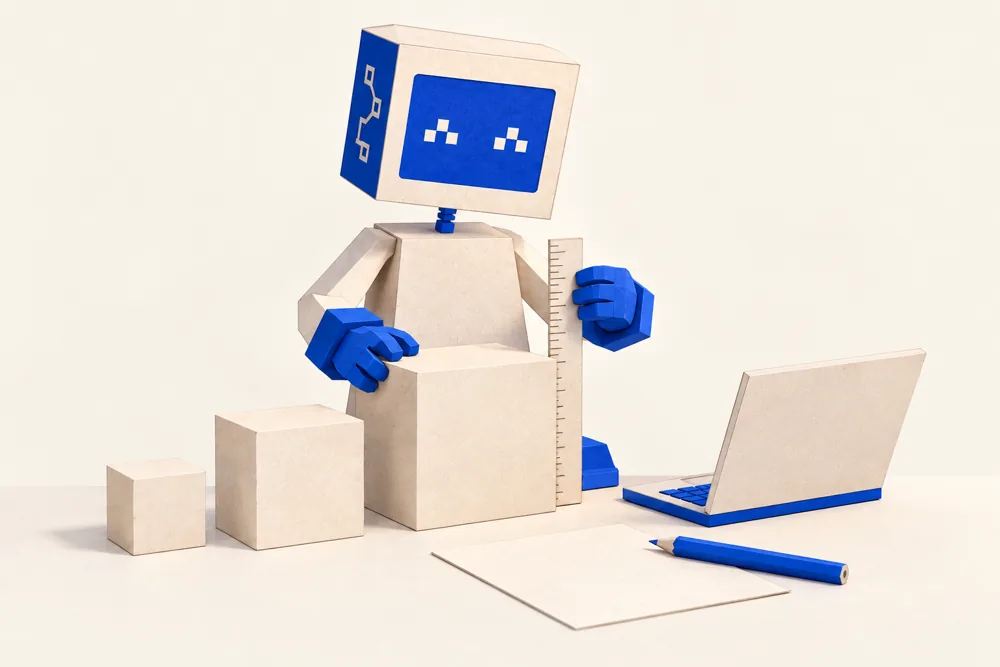 大きさの違う積み木を定規と計画用紙で確認するAIマスコット