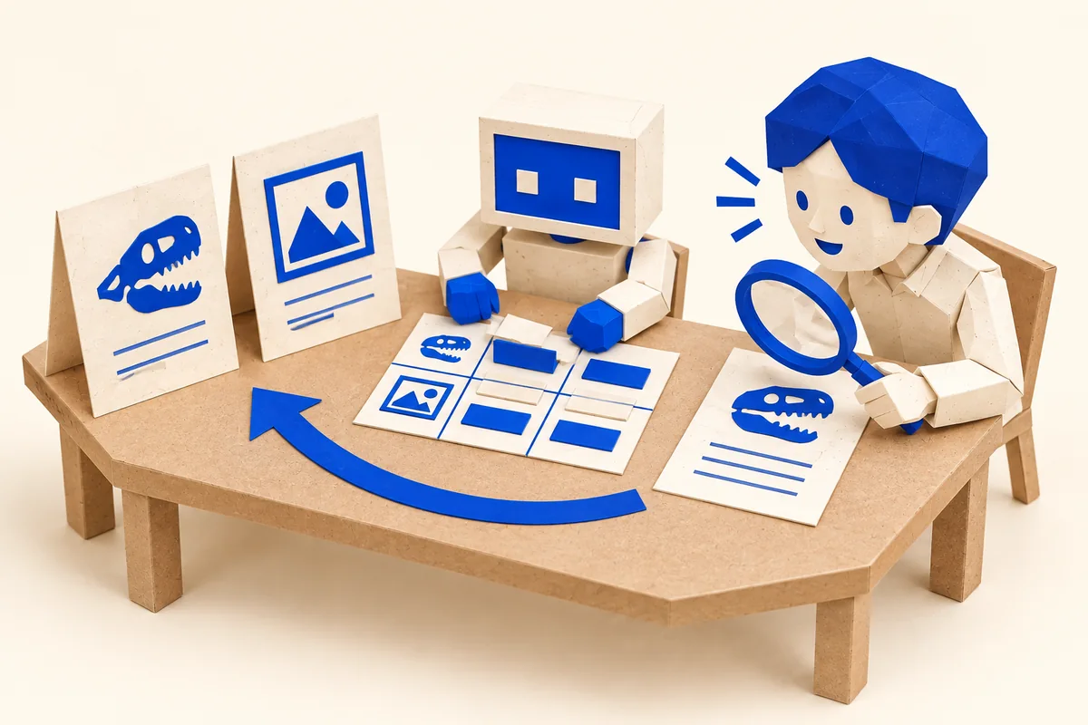 公式資料を比較表に整理するAIマスコットと、元の資料を確かめる人