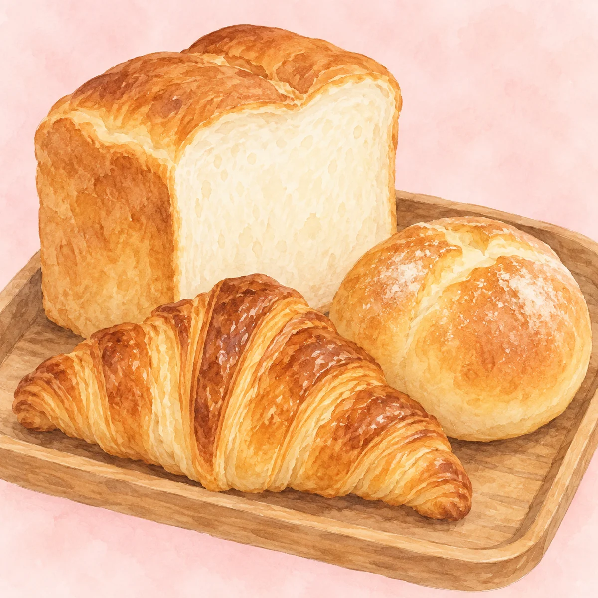 淡いピンク色の背景に食パン・クロワッサン・丸パンを大きく描いた水彩風イラスト