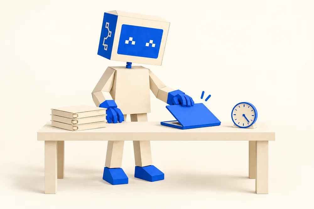 整理した書類と時計のそばでノートパソコンを閉じるAIマスコット