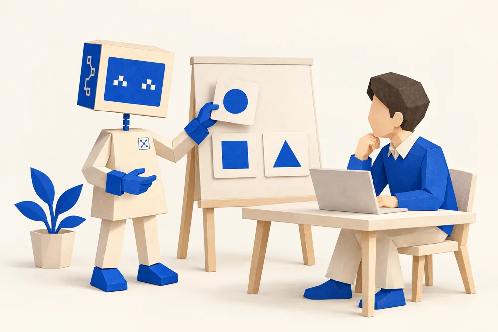 図形のボードを使い、パソコンの前の紙細工の社員に説明するAIマスコット