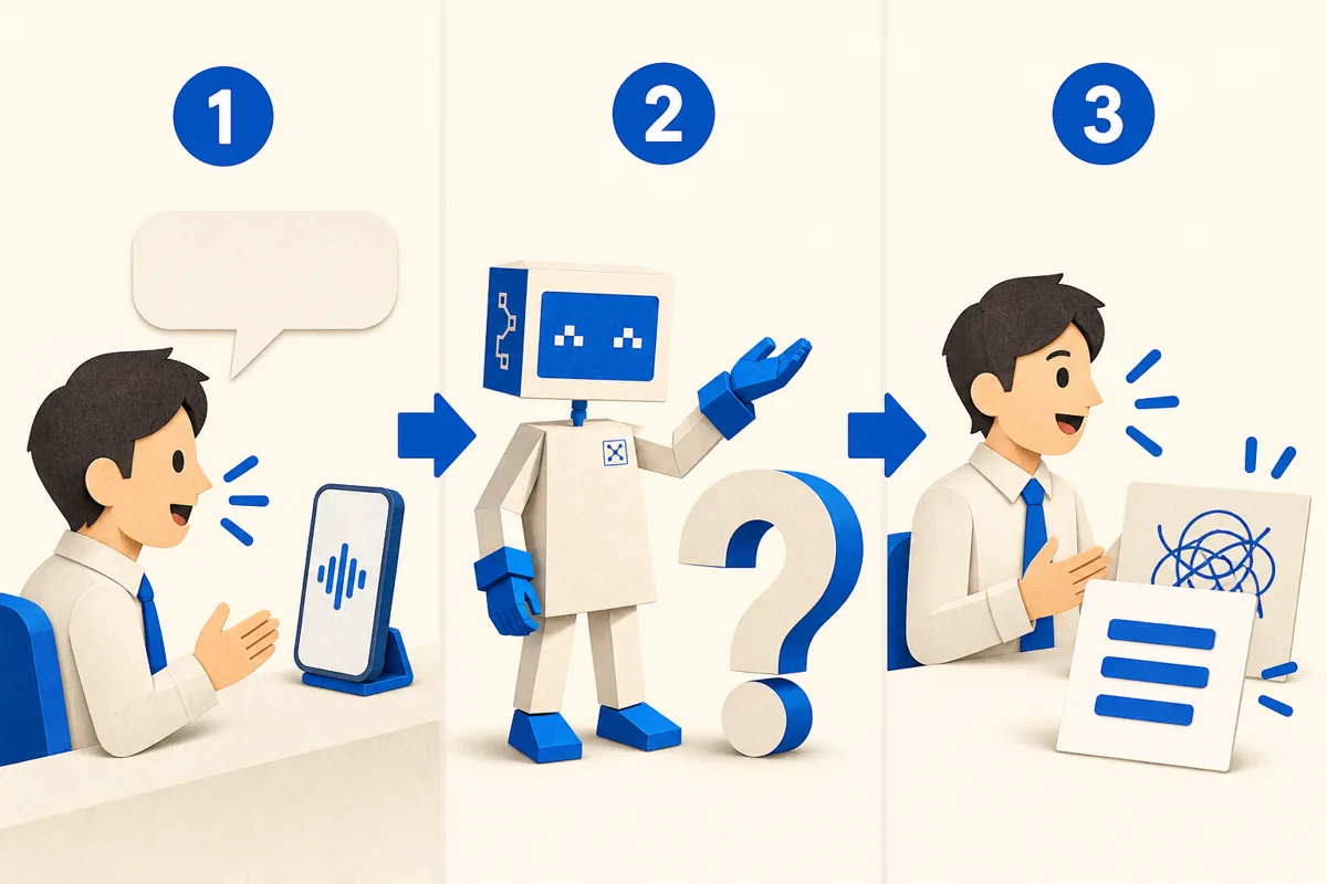 1 自分で話す、2 AIから質問を受ける、3 説明を言い直す、の順を示した図