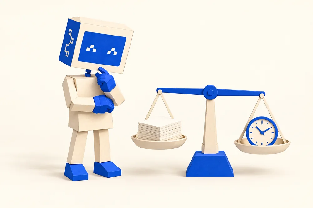 仕事カードと時計を小さな天秤で見比べるシゴツグのAIマスコット