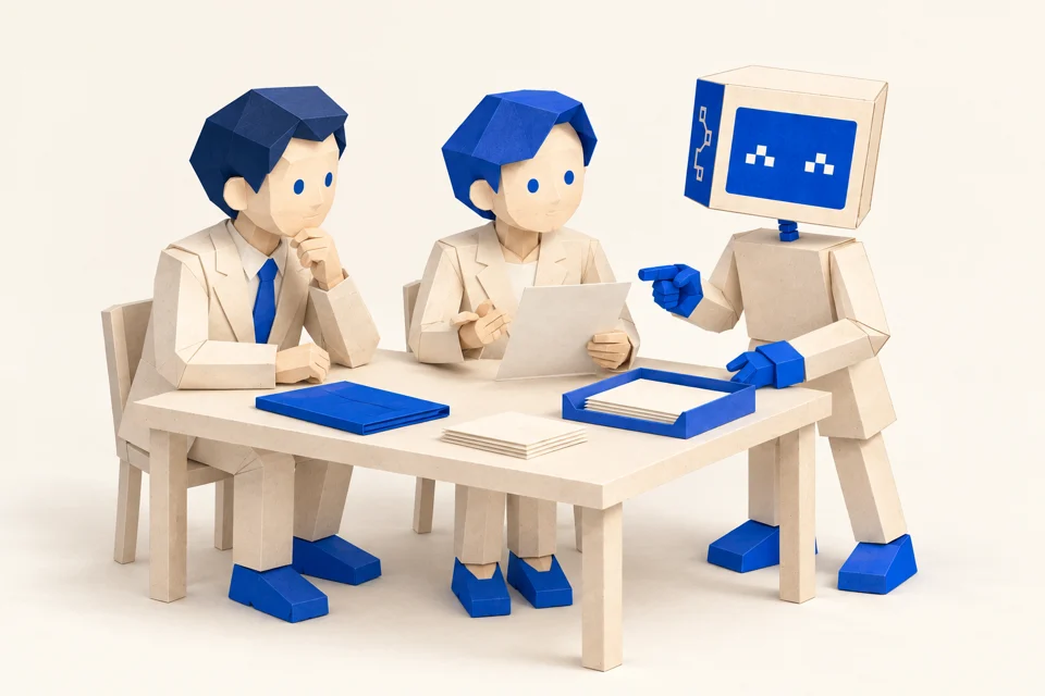 専門家と事業者がAIキャラクターと一緒に書類を確認するイラスト