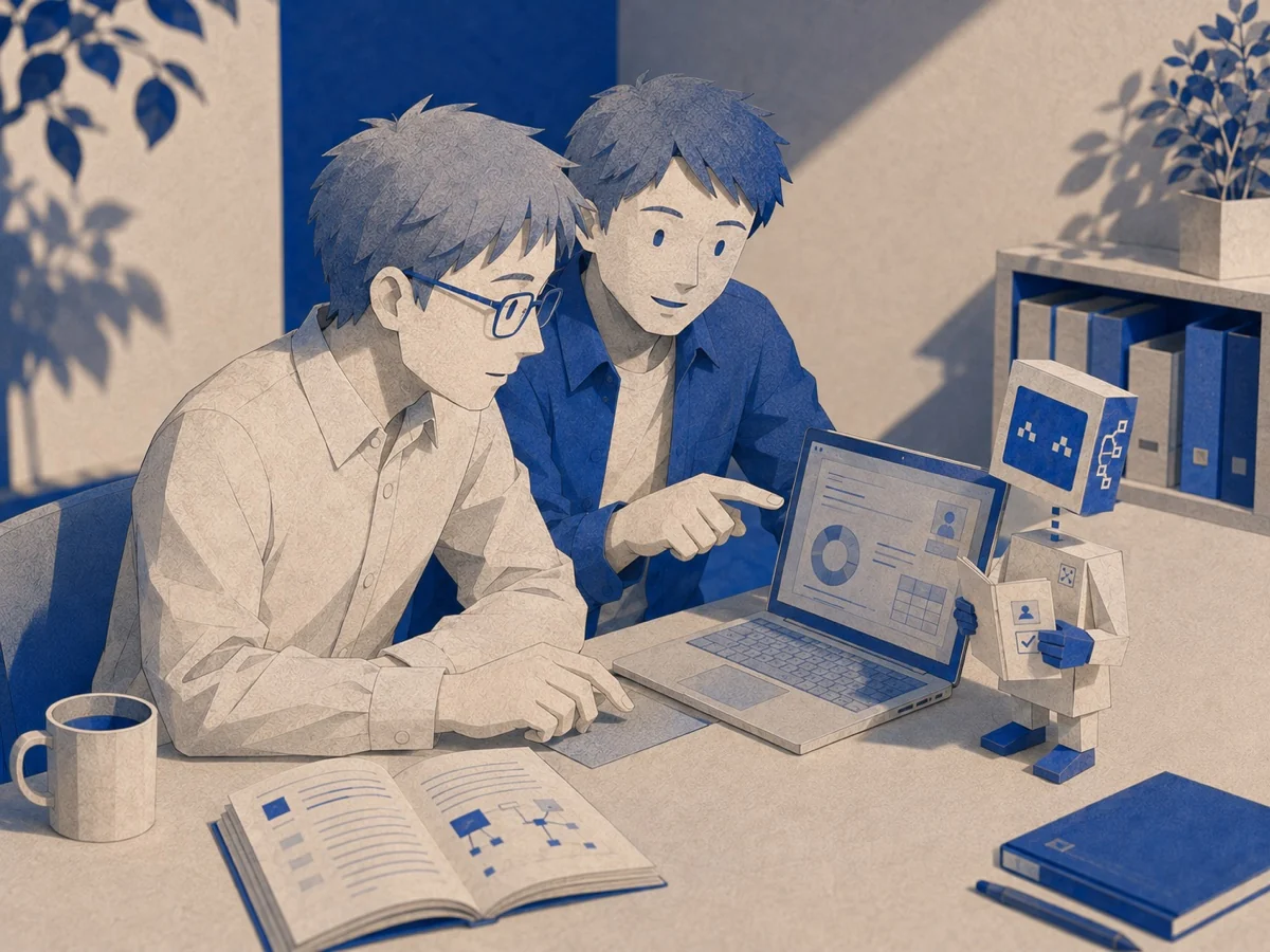 二人の担当者がパソコンの操作を確かめ、AIがそばで支えるイラスト